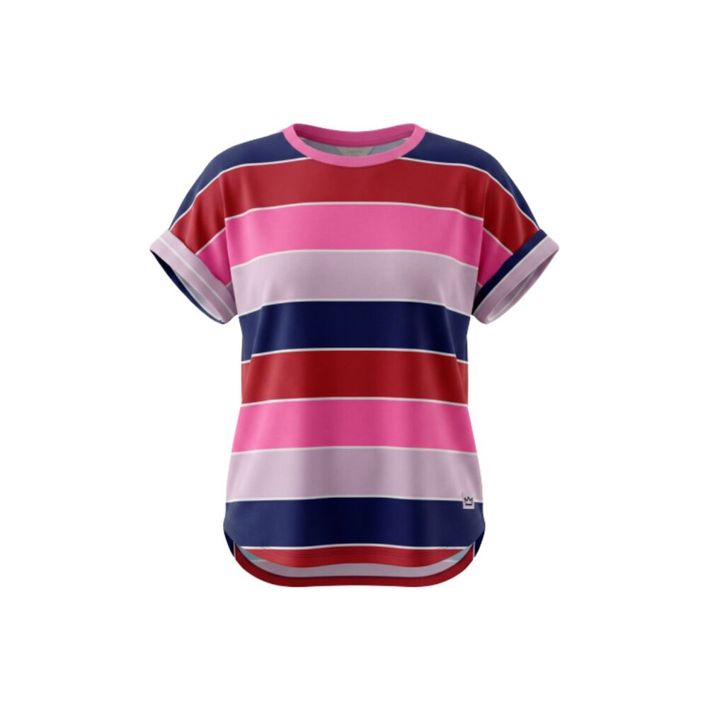 Crown & Ivy Multi-Color Striped Tunic Tee Cuffed Sleeve Curved Hem L